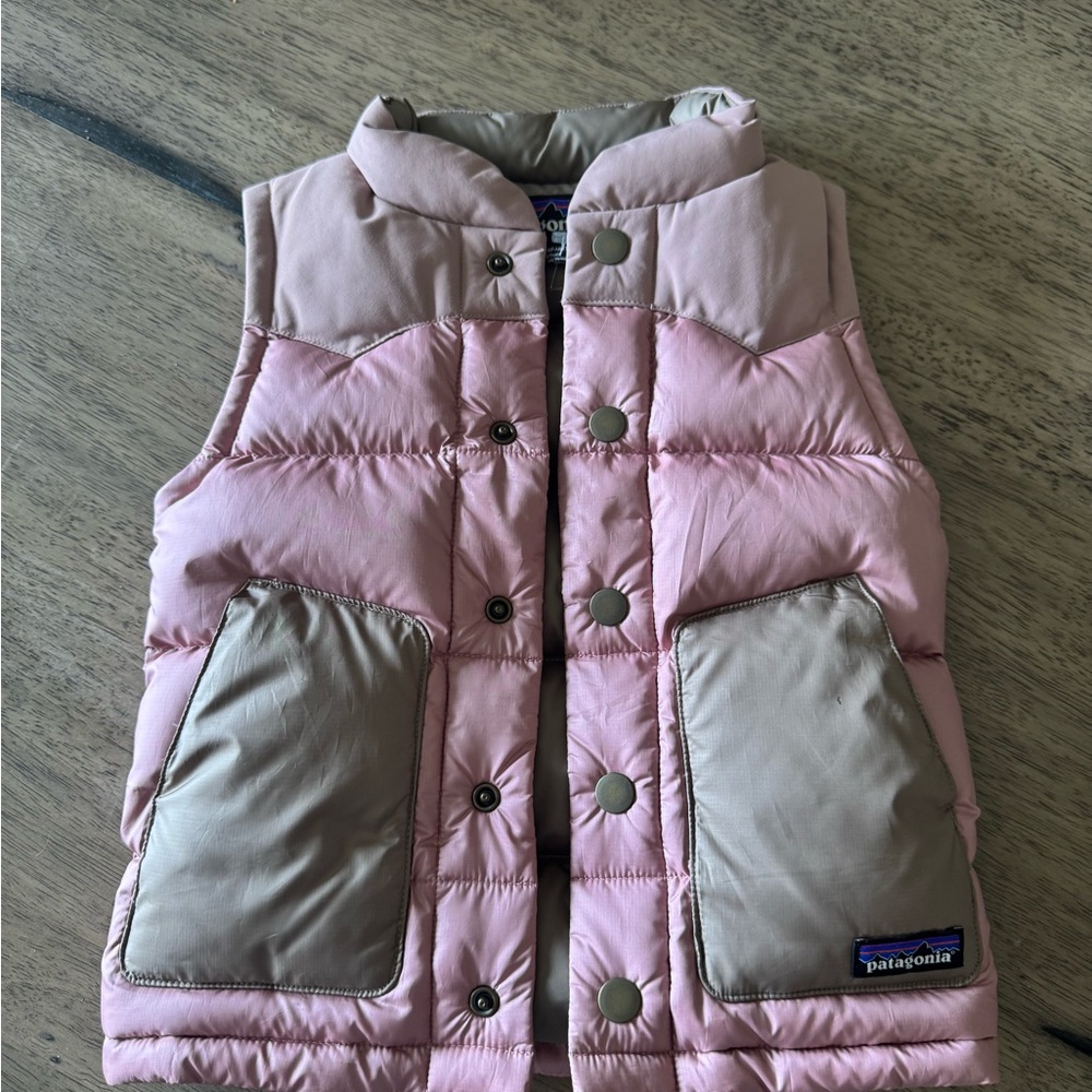 Patagonia Girls Pink Puffer Vest with Tan Pocket Panels